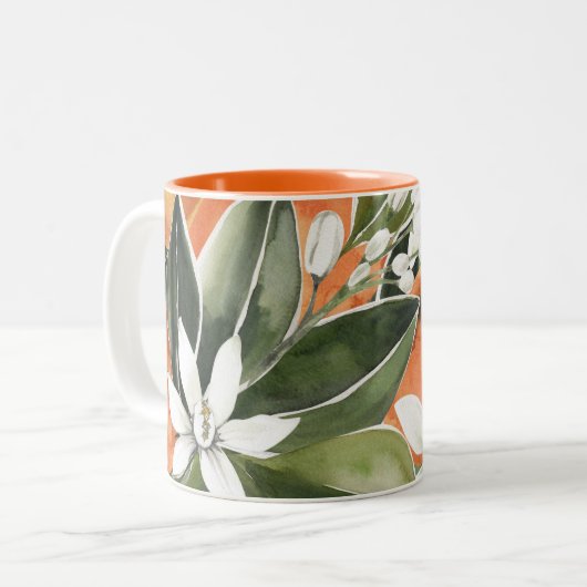 Tropisches Orange & Blume Wasserfarbmuster Zweifarbige Tasse (Vorderseite Links)