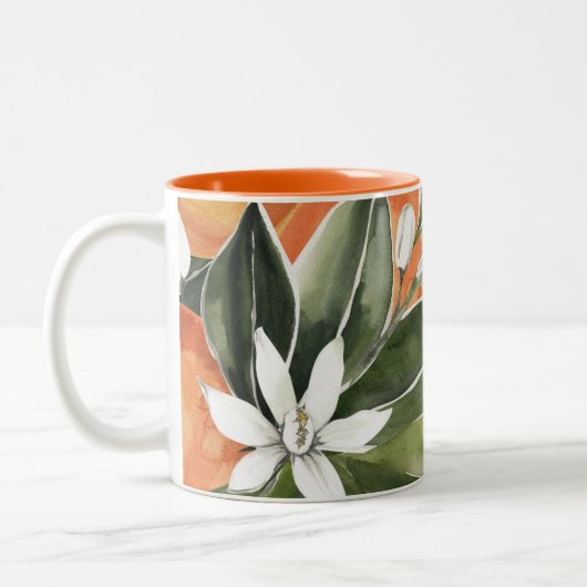 Tropisches Orange & Blume Wasserfarbmuster Zweifarbige Tasse (Links)