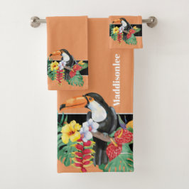 Tropisches Orange Monogram Name Toucan Badezimmer Badhandtuch Set