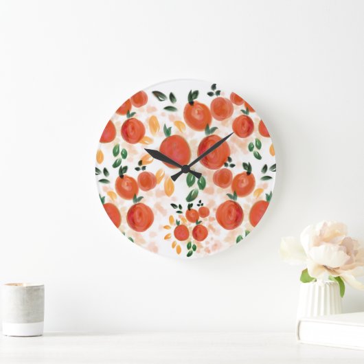 Tropisches Orange- und Blätter-Muster Große Wanduhr (Zuhause)