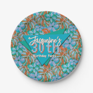 Tropisches Orange und blaue Blüten zum Geburtstag Pappteller