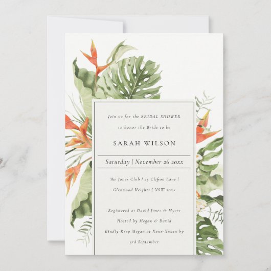 Tropisches Orangefarbenes botanisches Brautparty Einladung (Vorderseite)