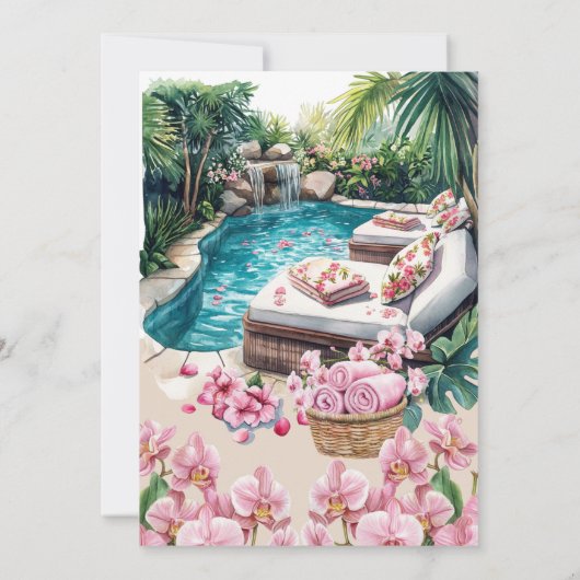 Tropisches Orchid mit Rattansesseln | Pool-Party I Einladung (Rückseite)