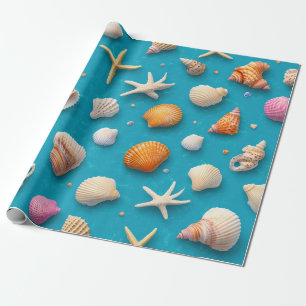 Tropisches Ozean-Schalen-Korallen-Gold-Blau-Muster Geschenkpapier