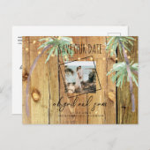 Tropisches Palm & Holz Foto Rettete unser Datum Postkarte (Vorne/Hinten)