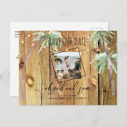 Tropisches Palm & Holz Foto Rettete unser Datum Postkarte (Vorne/Hinten)