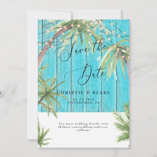 Tropisches Palm & Lights Türkisfarbenes Holz Save The Date (Vorderseite)