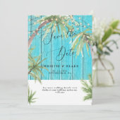 Tropisches Palm & Lights Türkisfarbenes Holz Save The Date (Stehend Vorderseite)