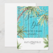 Tropisches Palm & Lights Türkisfarbenes Holz Save The Date (Vorne/Hinten)