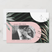 Tropisches Palm Rosa Monogramm Save the Date (Vorderseite)