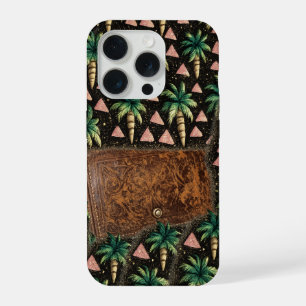 Tropisches Palm- und Leder-Geldbörsen-Muster iPhon iPhone 15 Pro Hülle