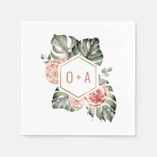 Tropisches Palm- und Rosen-Hochzeitsmonogramm Serviette
