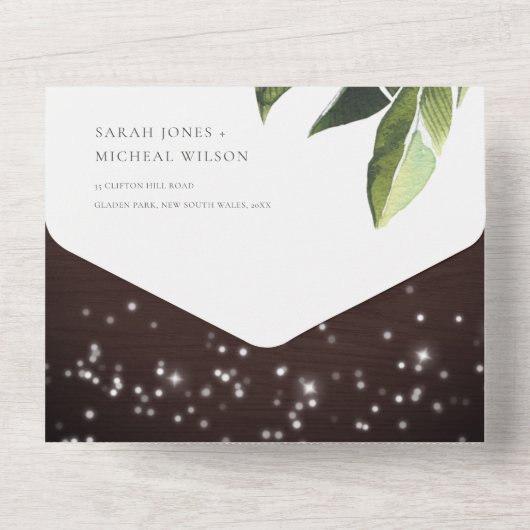 TROPISCHES PALMBLATT FOLIAGE STRING LIGHTS WEDD ALL IN ONE EINLADUNG (Rückseite)