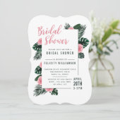 Tropisches Palmblättrige Rosenrosen-Brautparty Einladung (Stehend Vorderseite)