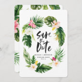 Tropisches Palmenblatt und Blumenblättern Save The Date (Vorne/Hinten)