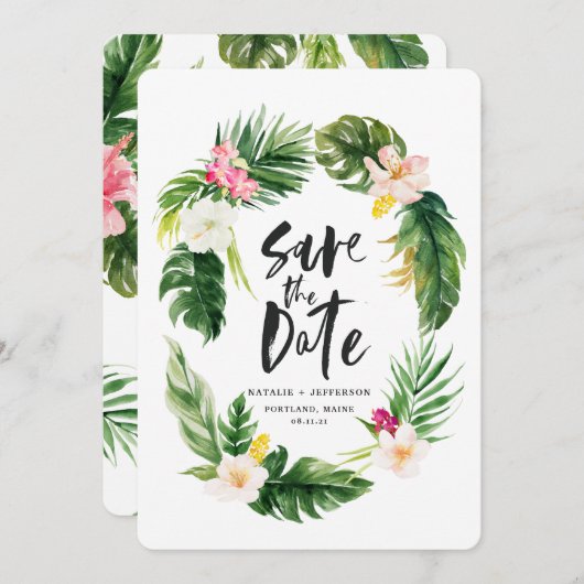 Tropisches Palmenblatt und Blumenblättern Save The Date (Vorne/Hinten)