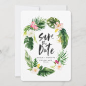 Tropisches Palmenblatt und Blumenblättern Save The Date (Vorderseite)