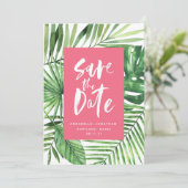 Tropisches Palmenblatt und Drehbuch Aquarellpinke Save The Date (Stehend Vorderseite)
