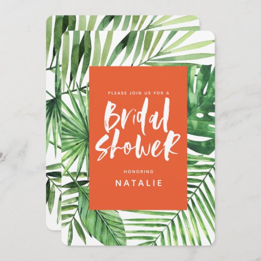 Tropisches Palmenblatt und Drehbuch Brautparty lad Save The Date (Vorne/Hinten)