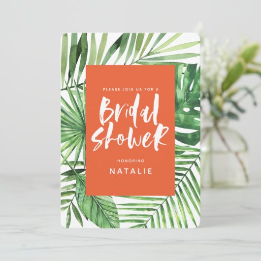 Tropisches Palmenblatt und Drehbuch Brautparty lad Save The Date (Stehend Vorderseite)