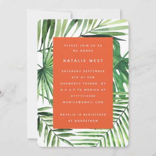 Tropisches Palmenblatt und Drehbuch Brautparty lad Save The Date (Rückseite)