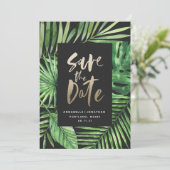 Tropisches Palmenblätterblättern und Goldschrift Save The Date (Stehend Vorderseite)