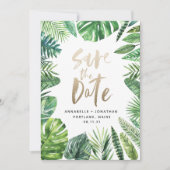 Tropisches Palmenblätterblättern und Goldschrift Save The Date (Vorderseite)