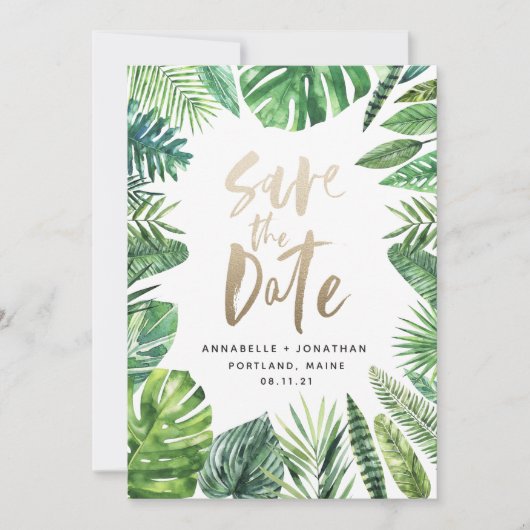 Tropisches Palmenblätterblättern und Goldschrift Save The Date (Vorderseite)