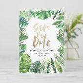 Tropisches Palmenblätterblättern und Goldschrift Save The Date (Stehend Vorderseite)