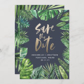 Tropisches Palmenblätterblättern und Goldschrift Save The Date (Vorne/Hinten)