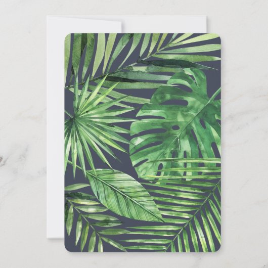 Tropisches Palmenblätterblättern und Goldschrift Save The Date (Rückseite)