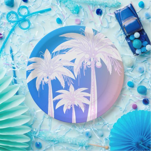 Tropisches Palmenblättern Wasserfarben Blau Pink Pappteller (Party)