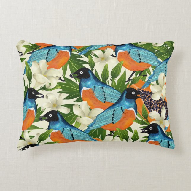 Tropisches Papaya- und Vogelmuster. Dekokissen (Vorderseite)