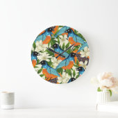 Tropisches Papaya- und Vogelmuster. Große Wanduhr (Zuhause)