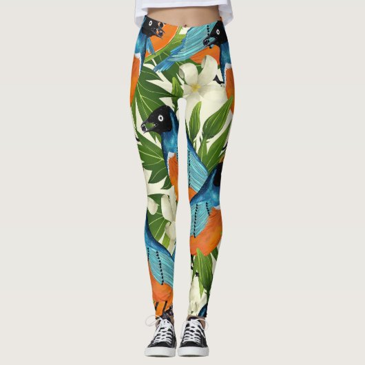 Tropisches Papaya- und Vogelmuster. Leggings (Vorderseite)
