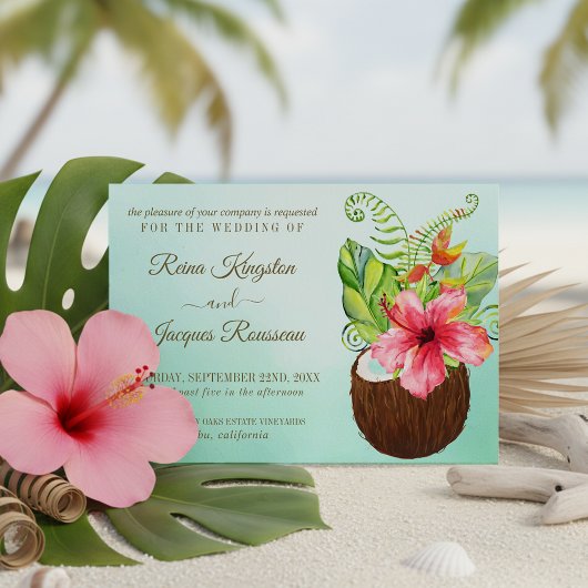 Tropisches Paradies Coconut Bouquet Hochzeit Einladung