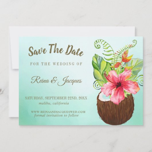 Tropisches Paradies Coconut Bouquet Hochzeit Save The Date (Vorderseite)