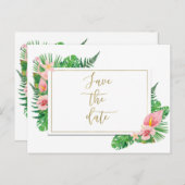 Tropisches Paradies Flamingo Blätter Save the Date Ankündigungspostkarte (Vorne/Hinten)