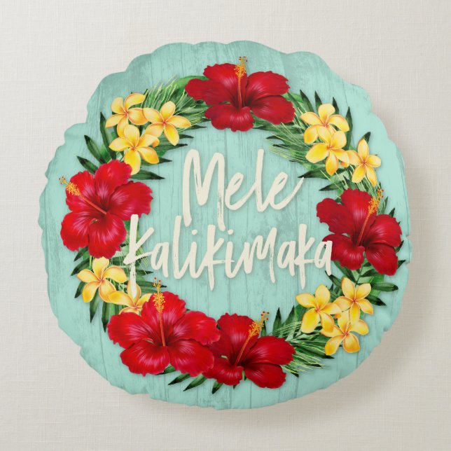 Tropisches Paradies Hawaiian Holiday Wreath Wood Rundes Kissen (Vorderseite)