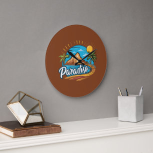 Tropisches Paradies-Insel-Logo-Kunst Große Wanduhr