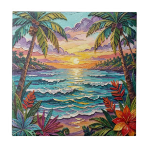 Tropisches Paradies   Küstenstrand Szene Impasto Fliese