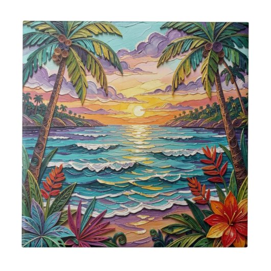 Tropisches Paradies | Küstenstrand Szene Impasto Fliese (Vorderseite)