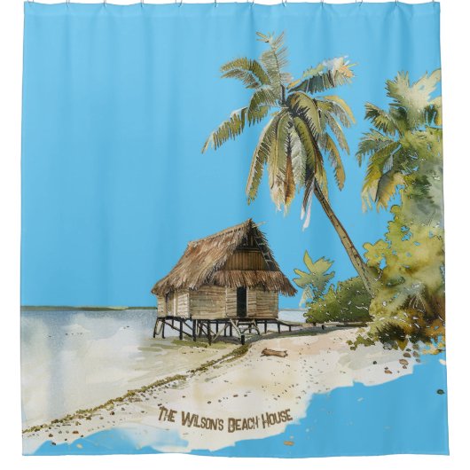 Tropisches Paradies mit Strohdach Strand Duschvorhang (Vorderseite)