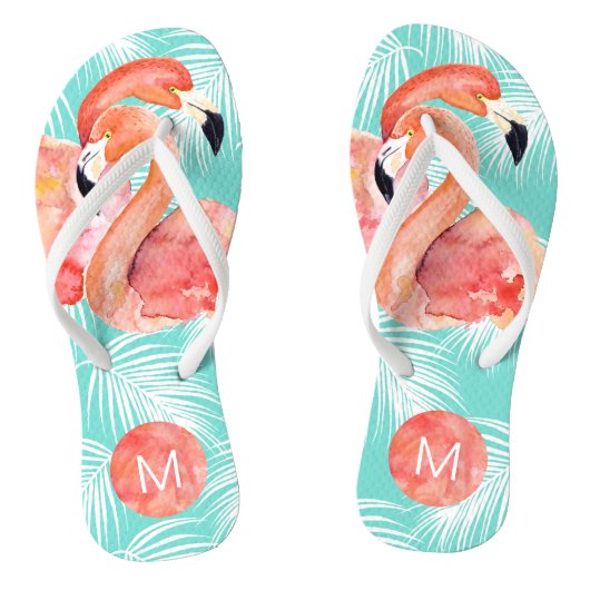 Tropisches Paradies rosa Flamingos mit Monogramm Badesandalen (Fußbett)