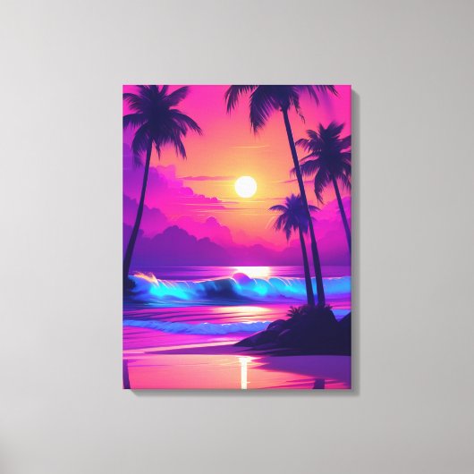 Tropisches Paradies: Rosa Sonnenuntergang mit Palm Leinwanddruck (Vorderseite)