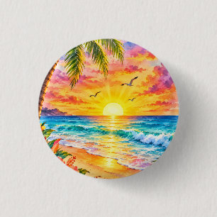 Tropisches Paradies Sonnenuntergang Aquarell Stran Button