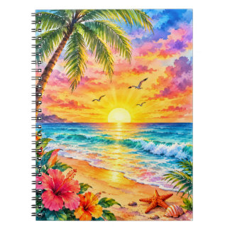 Tropisches Paradies Sonnenuntergang Aquarell Stran Notizblock