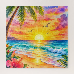 Tropisches Paradies Sonnenuntergang Aquarell Stran Puzzle