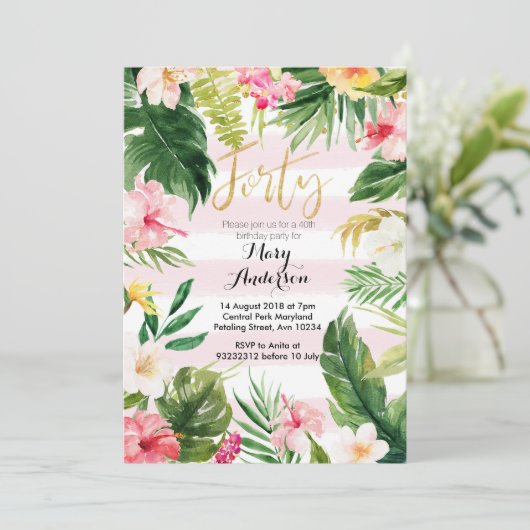 Tropisches Party 40. Geburtstag Einladung (Stehend Vorderseite)
