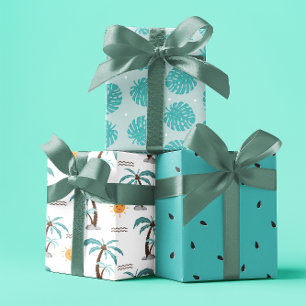 Tropisches Pastellblau Sommerpalmen Küste Geschenkpapier Set
